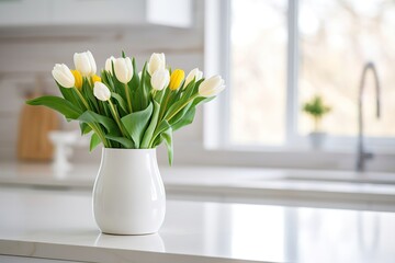 spring tulips close up in the white interior room - Powered by Adobe