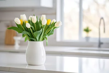Tuinposter spring tulips close up in the white interior room © Ольга Сорокина