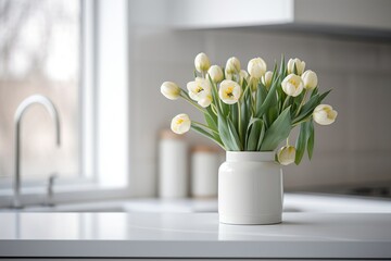 spring tulips close up in the white interior room