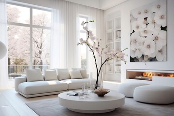 White interior of a living room with spring flowers