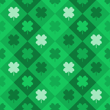 Patrick's day geometric seamless pattern with four leaf clover
