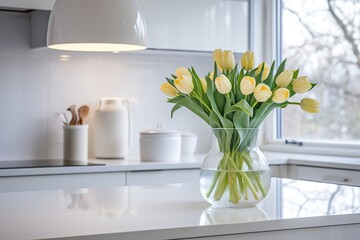 spring tulips close up in the white interior room