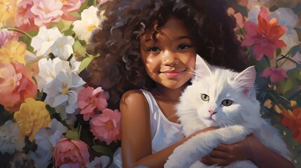Obraz na płótnie Canvas A joyful mixed race girl cuddling a fluffy white kitten in a sunlit garden, surrounded by colorful flowers.