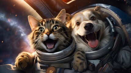 A light-hearted image of a dog and cat astronaut, their space suits covered in whimsical stickers,...