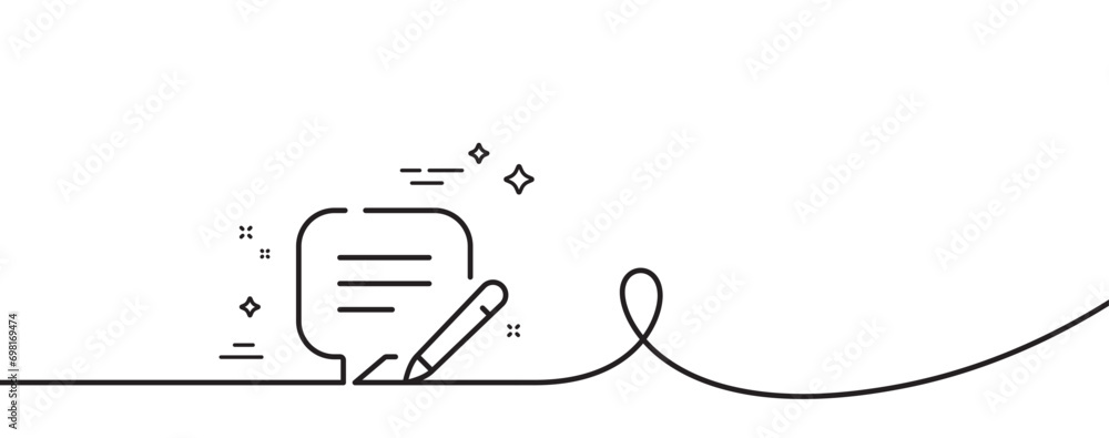 Poster write line icon. continuous one line with curl. edit email message sign. memo speech bubble symbol. 