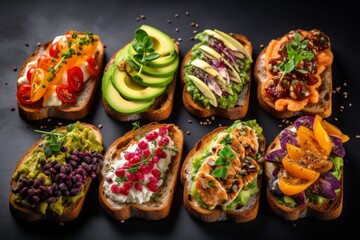 Top view of variety of avocado toasts set. Diverse ways this trendy and popular dish can be presented. - obrazy, fototapety, plakaty