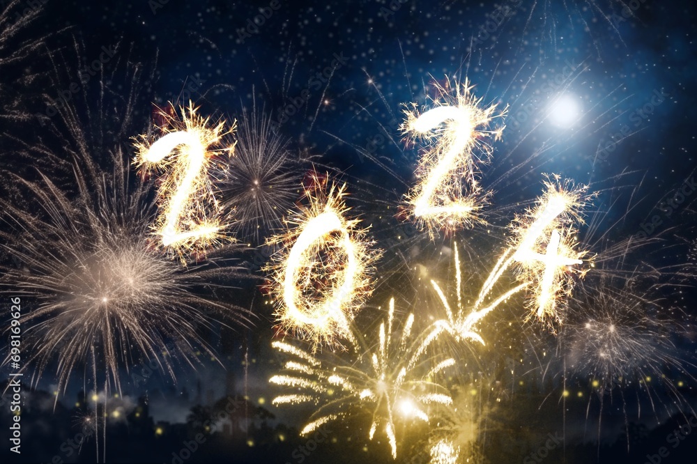 Wall mural Happy 2024 New Year creative banner with firework