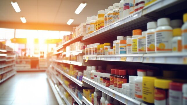 A vitamin aisle in a pharmacy full of bottles. Cinematic photography, very bright, warmly lit. Diffused lighting. Bright, cheerful, warm, cinematic. Ultra realistic. 