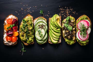 Top view of variety of avocado toasts set. Diverse ways this trendy and popular dish can be presented.