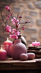 still life with flowers and candles in red, Asian spa salon