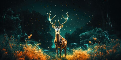 An antelope glows in the forest at night, diamond wire photography, van gogh style, 2K, high resolution  - obrazy, fototapety, plakaty