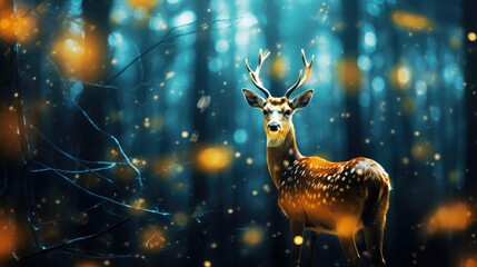 From the bird's point of view, a deer is grazing leisurely in a tree-lined forest, Fairy light, abstract photography, neo-expressionism, 4K, HDR - obrazy, fototapety, plakaty