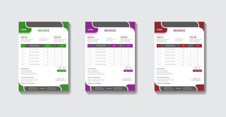 The business invoice template by Exilant Corporate has a red, green, and purple color scheme. Vector product purchase coupon.