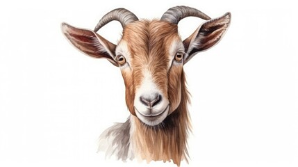 Watercolor face of goat on white background, realistic, Encyclopedic anthropomorphic watercolor drawing