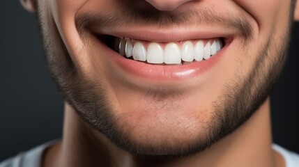 A close up photo of the lower part of a male face. handsome cute smile with very clean perfect teeth. chin, nose and mouth visible. dental service advertisement.