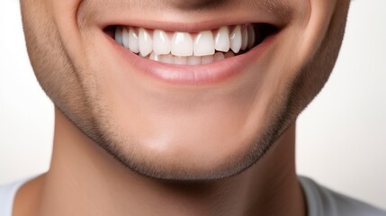 Fototapeta premium A close up photo of the lower part of a male face. handsome cute smile with very clean perfect teeth. chin, nose and mouth visible. dental service advertisement. white background 
