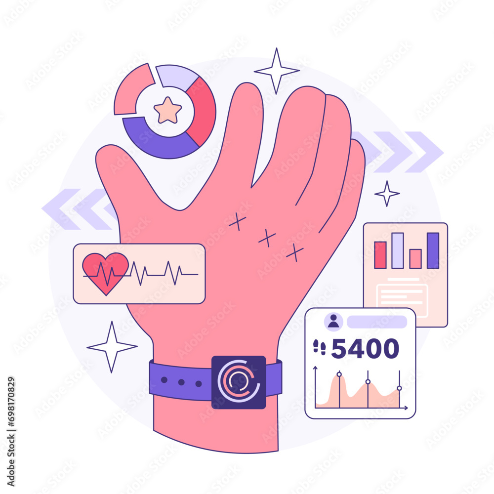 Poster wearable technology. smart device. character using electronic device to monitor, analyze and transmi