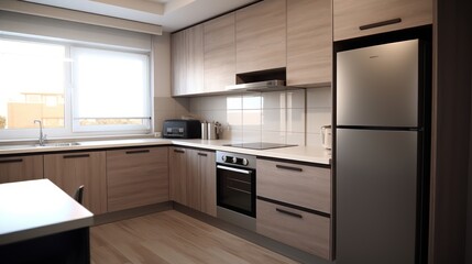 Fototapeta premium A small kitchen, 4 by 3 meters in size, in white color, with a modern design. The floor is laminated in brown color, There are 2 windows in front of the kitchen door,
