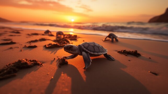 A realistic low-angle photograph in Ecuador showing very small hatchling turtles moving towards the sea on a beach at sunrise. Natural looking, authentic style. Bright lighting.