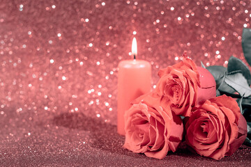 Valentine's day romantic card. Bouquet of roses and candle on pink background.