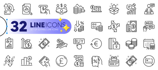 Outline set of Buying, Bid offer and Bitcoin line icons for web with No card, Report, Online accounting thin icon. Discounts app, Pound money, Card pictogram icon. Exchange currency. Vector