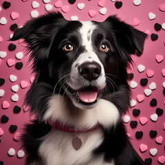 Adorable Canine Affection: border collie Amidst Hearts on Pink Background, Embracing Valentine's Day Love