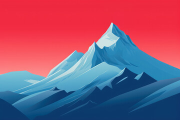 Flat vector illustration of mountains. Red and blue landscape design