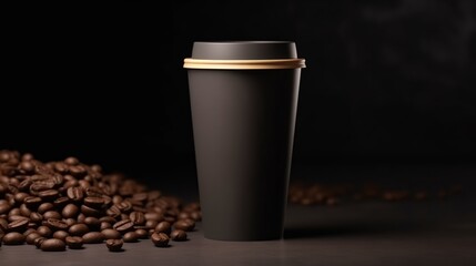 Take out coffee cup mockup on a dark background with coffee beans
