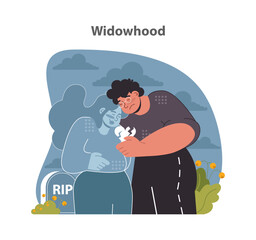 Widowhood captured. Heartfelt remembrance at a gravesite, holding onto memories and love. Flat vector illustration.