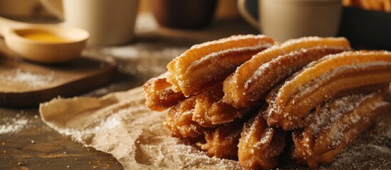 Churros are a popular sweet snack in Spain and Mexico, often eaten for breakfast or as a snack with hot beverages. - obrazy, fototapety, plakaty