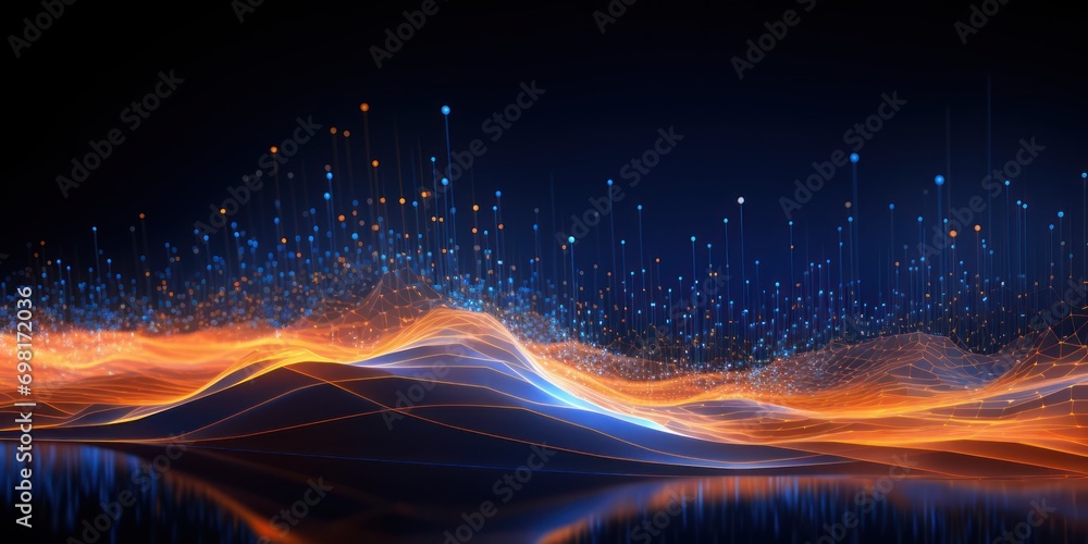 Poster big data visualization. musical stream of sounds. abstract background with interlacing dots. 3d rend
