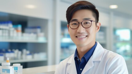Asian male pharmacist, 25 years old, wearing a blue shirt, background is a pharmacy