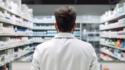 Back view of man cashier in a white coat stand in pharmacy store, Shelves with health products, copy space, super realistic, studio photography