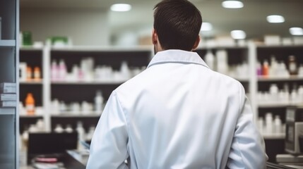 Fototapeta premium Back view of man cashier in a white coat stand in pharmacy store, Shelves with health products, copy space, superrealistic, studio photography 