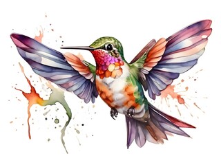 Colorful hummingbird watercolor. White background. Generative AI