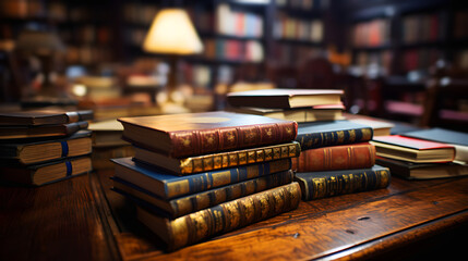 stack of hardcover books on a wooden table, with a lamp and bookshelves in the blurry background