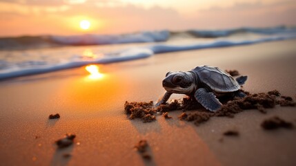 Create a captivating photograph of a baby sea turtle making its way from the nest to the ocean, depicting the challenging journey and the determination associated with hatching.