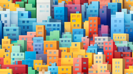 City with house on the street, urbanism and windows, roofs illustration wallpaper abstract seamless pattern background. Colorful minimalism style.
