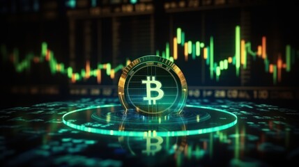 Dark financial backdrop with a glowing holographic dollar, blurry hud and forex chart. Digital money concept