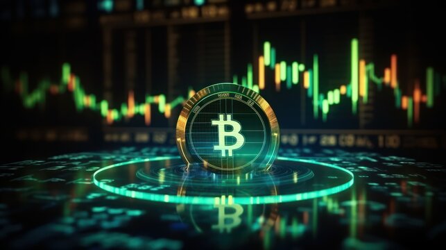 Dark financial backdrop with a glowing holographic dollar, blurry hud and forex chart. Digital money concept