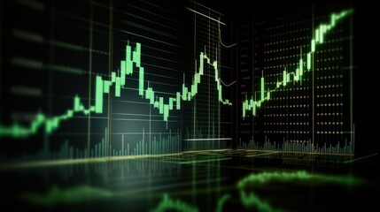 Digital screen showing a green rising stock price on a blue digital background,