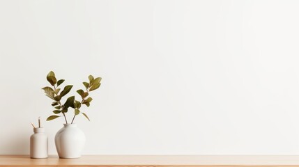 Empty home desk table background. Wooden table with a vase and a plant against a white wall in the living room of a home or office. Empty minimal scandinavian interior design background, 