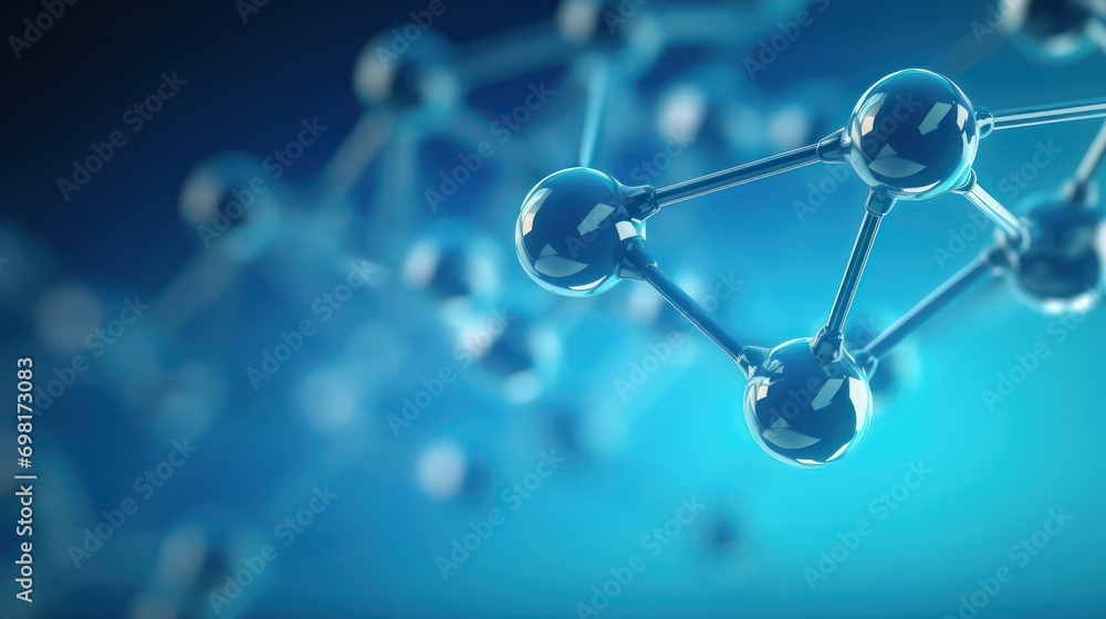 Poster horizontal banner with model of abstract molecular structure. background of blue color with glass at