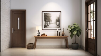 Fototapeta premium Hallway entrance of a home, there is a counter table to place keys, wall art frame on the wall, no distraction to the frame, it is the center of attraction, front facing image