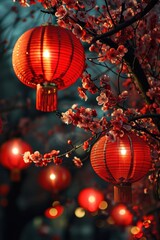 Fototapeta premium Radiant red lanterns glow warmly amongst the cherry blossoms, creating a captivating night scene with a festive feel