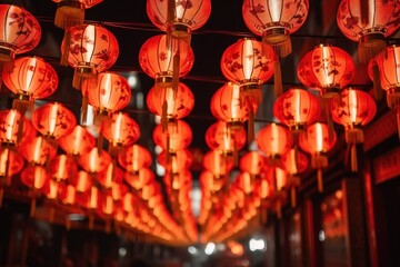 Naklejka premium Evening ambience with a captivating string of red chinese lanterns softly glowing against a dark backdrop