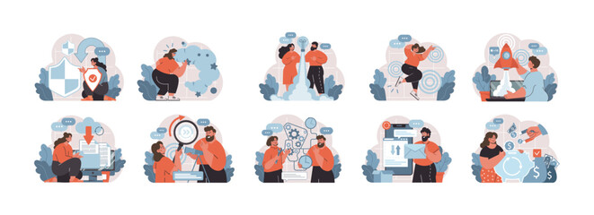 Dynamic workplace set. A suite of illustrations showcasing business professionals in scenarios ranging from cybersecurity to innovative startup launches and financial management. Flat vector.