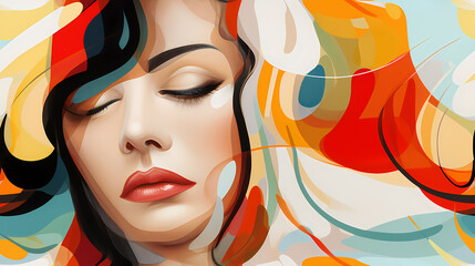 Fototapeta premium Abstract face of a beautiful woman seamless illustration, pattern in the style of Colorful Minimalism
