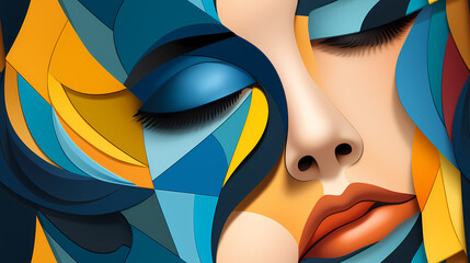 Abstract face of a beautiful woman seamless illustration, pattern in the style of Colorful Minimalism