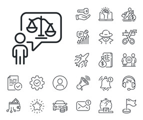 Court judge sign. Salaryman, gender equality and alert bell outline icons. Lawyer line icon. Justice scale symbol. Lawyer line sign. Spy or profile placeholder icon. Online support, strike. Vector
